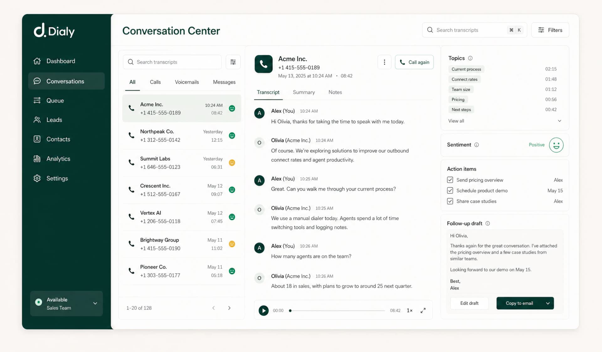 Aperçu Conversation center dans Dialy